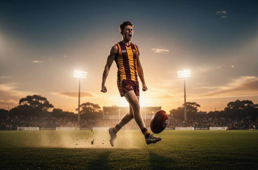 A professional photograph capturing Sandhurst sports photography excellence, featuring a young athlete scoring a goal with dynamic action, dramatic stadium lighting, and a cheering crowd in the background at a local Sandhurst sporting ground.