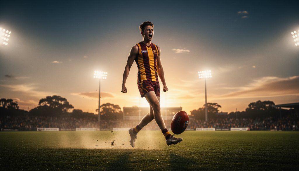 A professional photograph capturing Sandhurst sports photography excellence, featuring a young athlete scoring a goal with dynamic action, dramatic stadium lighting, and a cheering crowd in the background at a local Sandhurst sporting ground.
