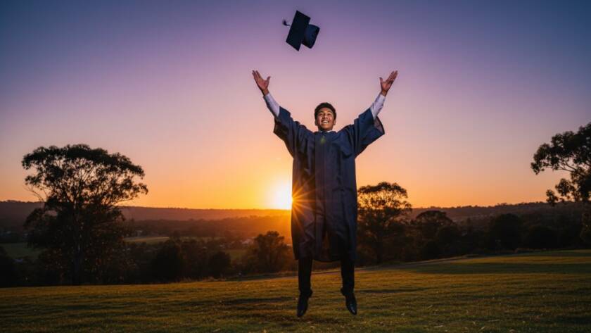 An ecstatic graduate, dressed in a cap and gown, joyfully tossing their mortarboard into the air against a vibrant Scoresby sunset, symbolizing the triumphant moment of Capturing Scoresby graduation joy professionally.
