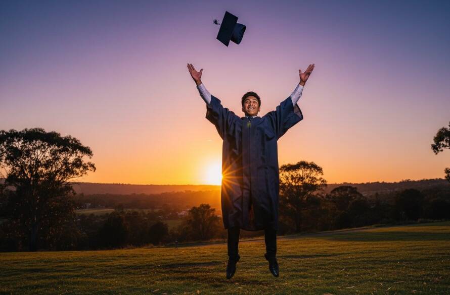 An ecstatic graduate, dressed in a cap and gown, joyfully tossing their mortarboard into the air against a vibrant Scoresby sunset, symbolizing the triumphant moment of Capturing Scoresby graduation joy professionally.