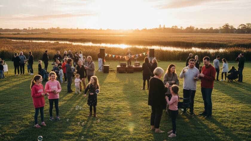 An inspiring wide-angle photograph Capturing Seabrook's Community Spirit Editorial Photography, showing a diverse group of Seabrook residents joyfully participating in a local community festival at sunset, with children laughing and adults engaging, against the backdrop of the wetlands, expertly lit and colour-graded to highlight their genuine interactions.