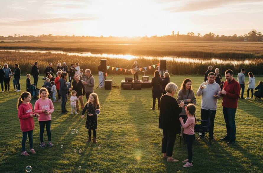 An inspiring wide-angle photograph Capturing Seabrook's Community Spirit Editorial Photography, showing a diverse group of Seabrook residents joyfully participating in a local community festival at sunset, with children laughing and adults engaging, against the backdrop of the wetlands, expertly lit and colour-graded to highlight their genuine interactions.