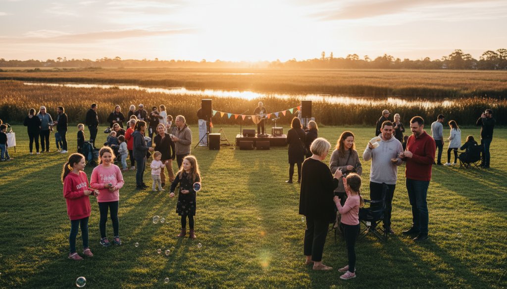 An inspiring wide-angle photograph Capturing Seabrook's Community Spirit Editorial Photography, showing a diverse group of Seabrook residents joyfully participating in a local community festival at sunset, with children laughing and adults engaging, against the backdrop of the wetlands, expertly lit and colour-graded to highlight their genuine interactions.