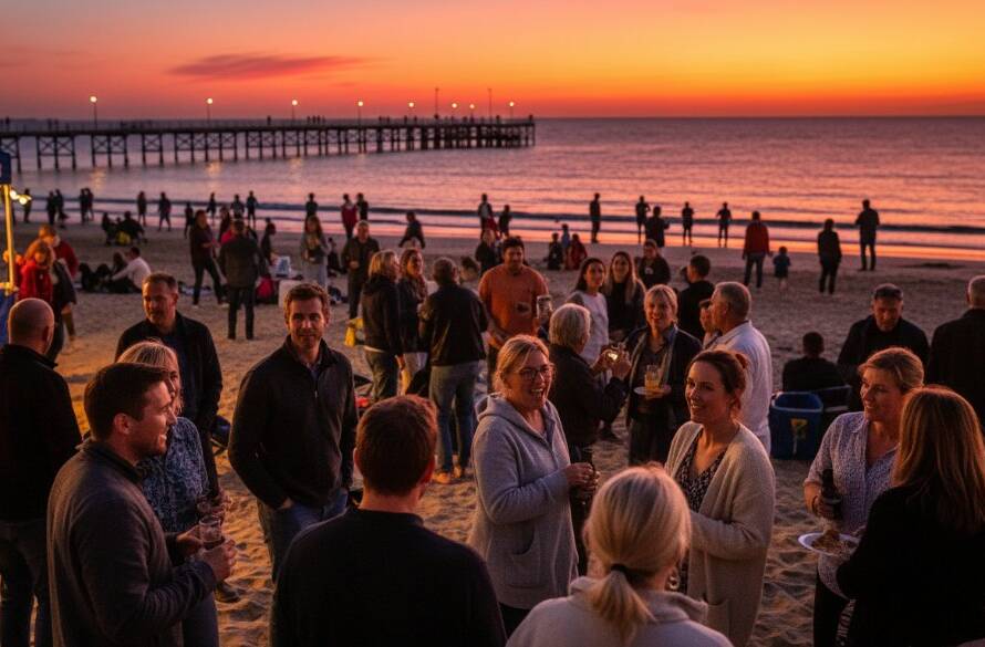 An emotionally resonant, wide-angle cinematic photograph Capturing Seaford's Bayside Event Moments, showing a large, diverse group of people joyfully celebrating during a community festival on Seaford Beach at dusk, with the iconic Seaford Pier in the background and a stunning, fiery sunset over Port Phillip Bay casting a warm, golden glow on their faces.