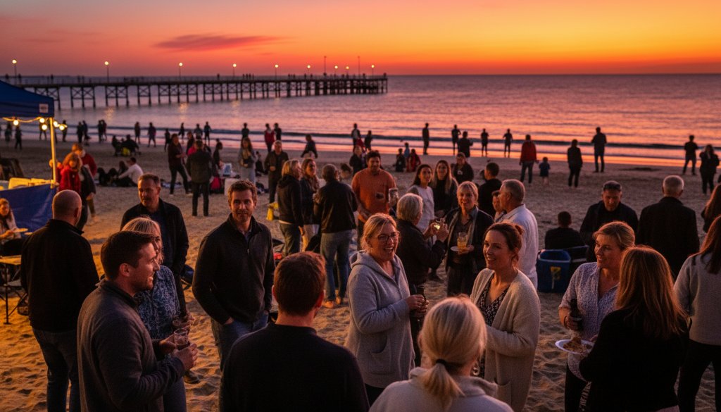 An emotionally resonant, wide-angle cinematic photograph Capturing Seaford's Bayside Event Moments, showing a large, diverse group of people joyfully celebrating during a community festival on Seaford Beach at dusk, with the iconic Seaford Pier in the background and a stunning, fiery sunset over Port Phillip Bay casting a warm, golden glow on their faces.