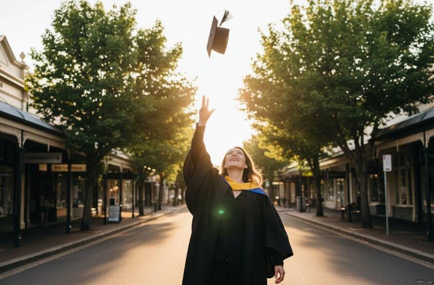 A jubilant graduate in Seddon, Victoria, throwing their cap into the air against the backdrop of a charming local street, brilliantly lit by golden hour sun, symbolising the joy of capturing Seddon graduation joy with professional photography.