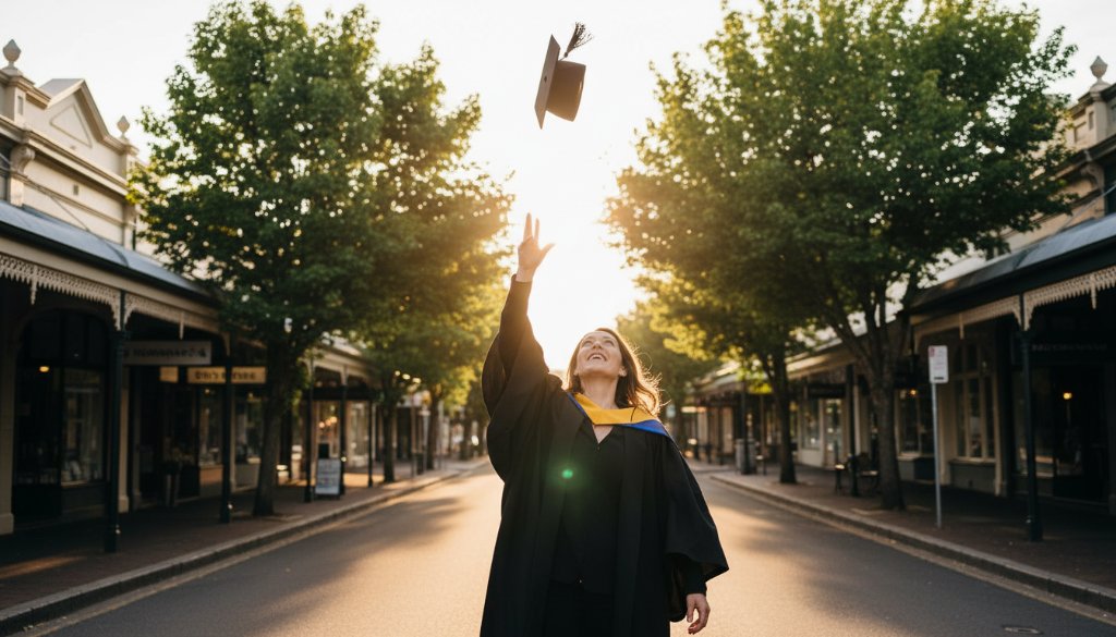 A jubilant graduate in Seddon, Victoria, throwing their cap into the air against the backdrop of a charming local street, brilliantly lit by golden hour sun, symbolising the joy of capturing Seddon graduation joy with professional photography.