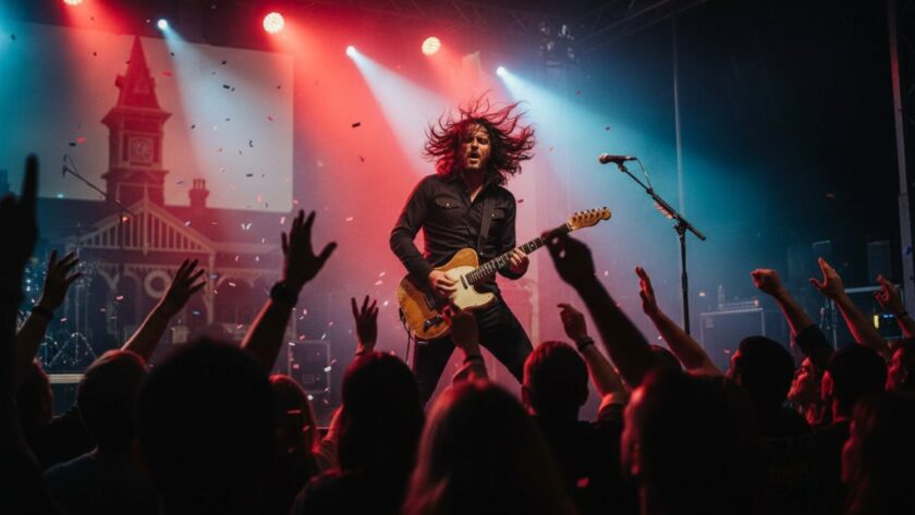 An electrifying, wide-angle shot capturing Seymour live music moments Victoria, featuring a lead guitarist mid-shred under dramatic stage lights, with a blurred, energetic crowd in the foreground and the historic Seymour Railway Heritage Centre's silhouette in the background, conveying the raw power of a local gig.