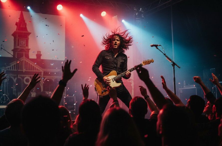 An electrifying, wide-angle shot capturing Seymour live music moments Victoria, featuring a lead guitarist mid-shred under dramatic stage lights, with a blurred, energetic crowd in the foreground and the historic Seymour Railway Heritage Centre's silhouette in the background, conveying the raw power of a local gig.