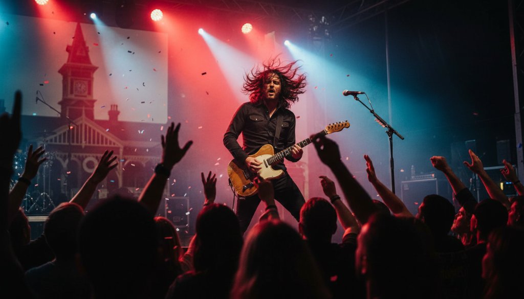 An electrifying, wide-angle shot capturing Seymour live music moments Victoria, featuring a lead guitarist mid-shred under dramatic stage lights, with a blurred, energetic crowd in the foreground and the historic Seymour Railway Heritage Centre's silhouette in the background, conveying the raw power of a local gig.