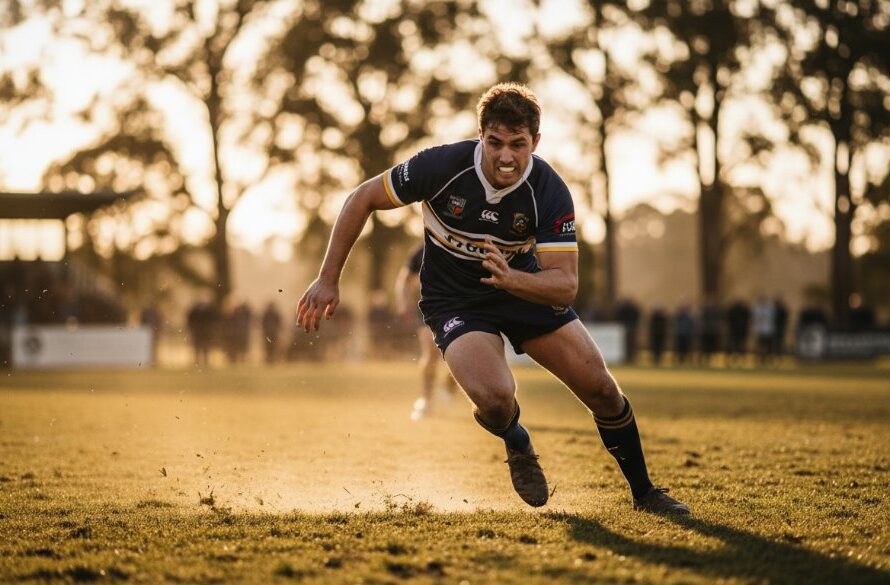 Dynamic, professionally lit photograph Capturing Seymour sporting spirit Victoria, showing a triumphant local footballer mid-air, scoring a goal at the Seymour Recreation Reserve, with dramatic evening light and blurred spectators in the background.