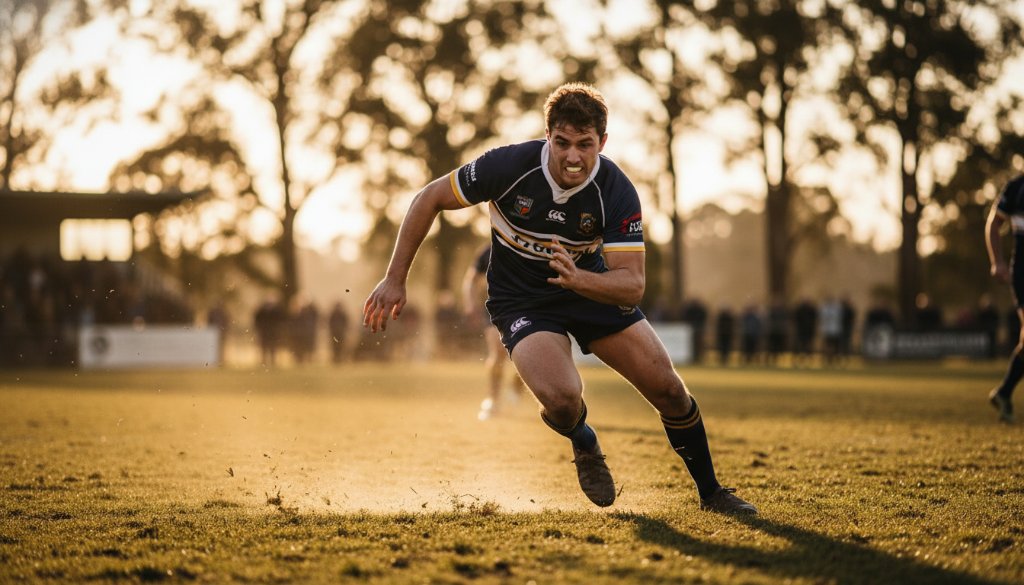 Dynamic, professionally lit photograph Capturing Seymour sporting spirit Victoria, showing a triumphant local footballer mid-air, scoring a goal at the Seymour Recreation Reserve, with dramatic evening light and blurred spectators in the background.