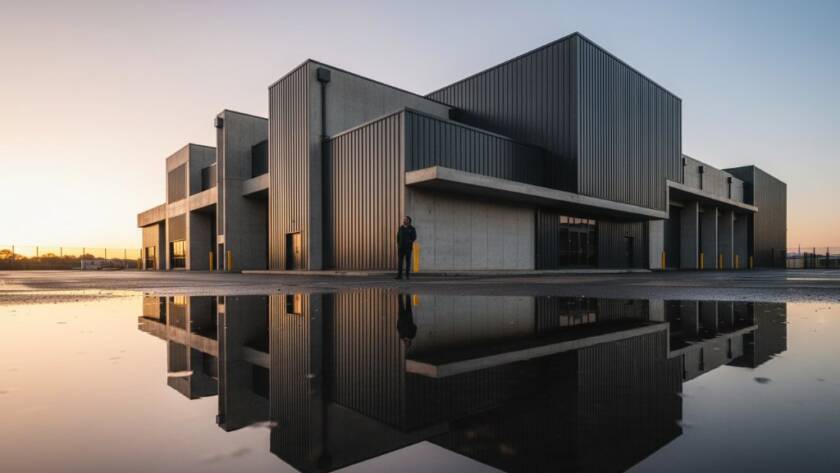 Dramatic wide-angle shot of a sleek, modern industrial building in Skye, Victoria, Australia, at dusk, with golden hour light reflecting off its steel and glass facade, emphasising the powerful lines and textures for an epic moment in capturing Skye Victoria industrial architecture photography.