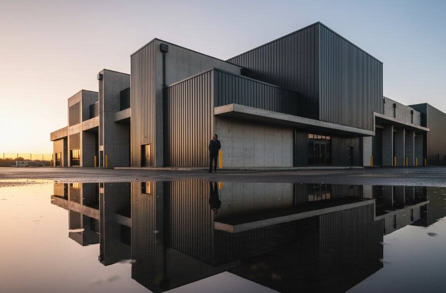 Dramatic wide-angle shot of a sleek, modern industrial building in Skye, Victoria, Australia, at dusk, with golden hour light reflecting off its steel and glass facade, emphasising the powerful lines and textures for an epic moment in capturing Skye Victoria industrial architecture photography.