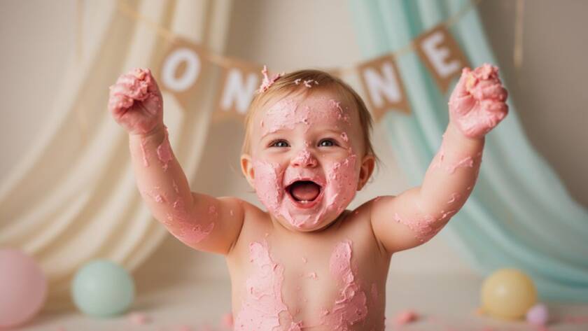 An adorable baby, covered in cake, laughing joyfully amidst a beautifully styled, pastel-themed cake smash setup with dramatic studio lighting, perfectly encapsulating a joyful first birthday moment for 'Capturing Smiles: Scoresby VIC Cake Smash Photography'.