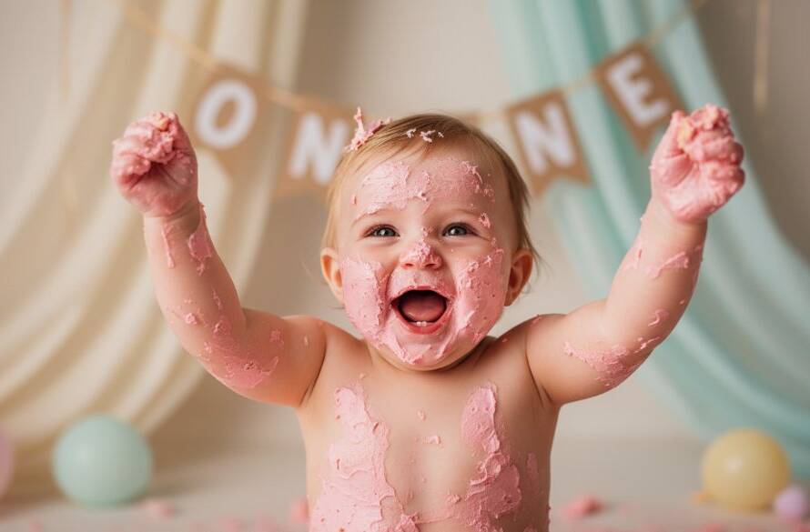An adorable baby, covered in cake, laughing joyfully amidst a beautifully styled, pastel-themed cake smash setup with dramatic studio lighting, perfectly encapsulating a joyful first birthday moment for 'Capturing Smiles: Scoresby VIC Cake Smash Photography'.