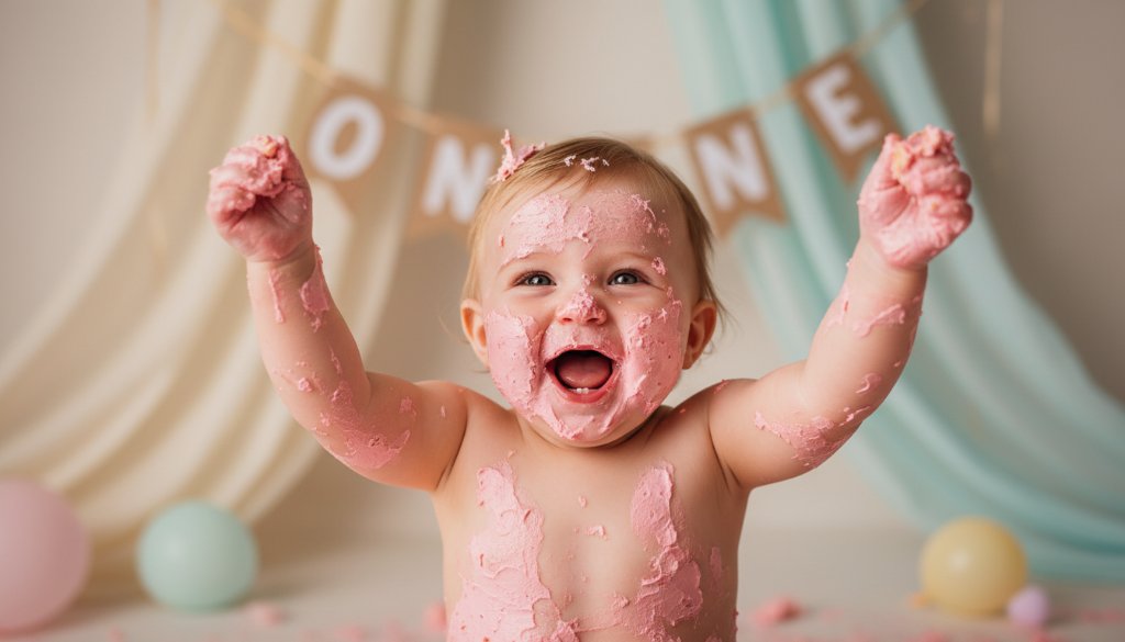 An adorable baby, covered in cake, laughing joyfully amidst a beautifully styled, pastel-themed cake smash setup with dramatic studio lighting, perfectly encapsulating a joyful first birthday moment for 'Capturing Smiles: Scoresby VIC Cake Smash Photography'.