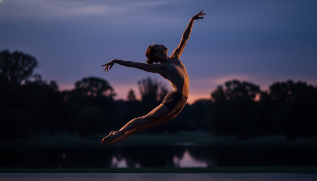 An Alfredton dancer in an epic moment of dynamic motion, bathed in dramatic theatrical lighting, showcasing the artistry of soulful dance photography moments Alfredton, with a blurred backdrop suggesting the peaceful local environment.