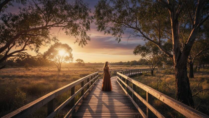 A breathtaking wide-angle shot demonstrating Capturing Soulful Fine Art Photography Burnside Heights, featuring a solitary figure silhouetted against a dramatic sunset over Taylors Creek, evoking deep emotion and timeless beauty.