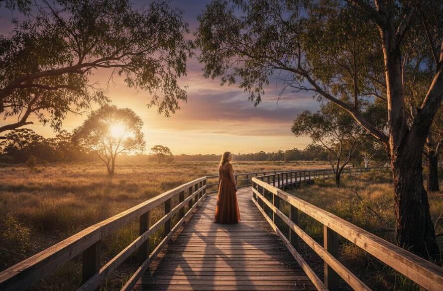 A breathtaking wide-angle shot demonstrating Capturing Soulful Fine Art Photography Burnside Heights, featuring a solitary figure silhouetted against a dramatic sunset over Taylors Creek, evoking deep emotion and timeless beauty.