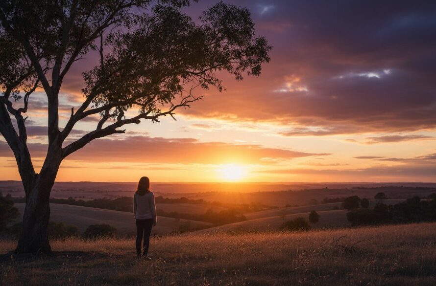 An epic moment captured in a dramatic fine art photograph showcasing a couple embracing amidst the historic bluestone architecture of Kilmore, Victoria, bathed in golden hour light, with rich, cinematic colour grading.
