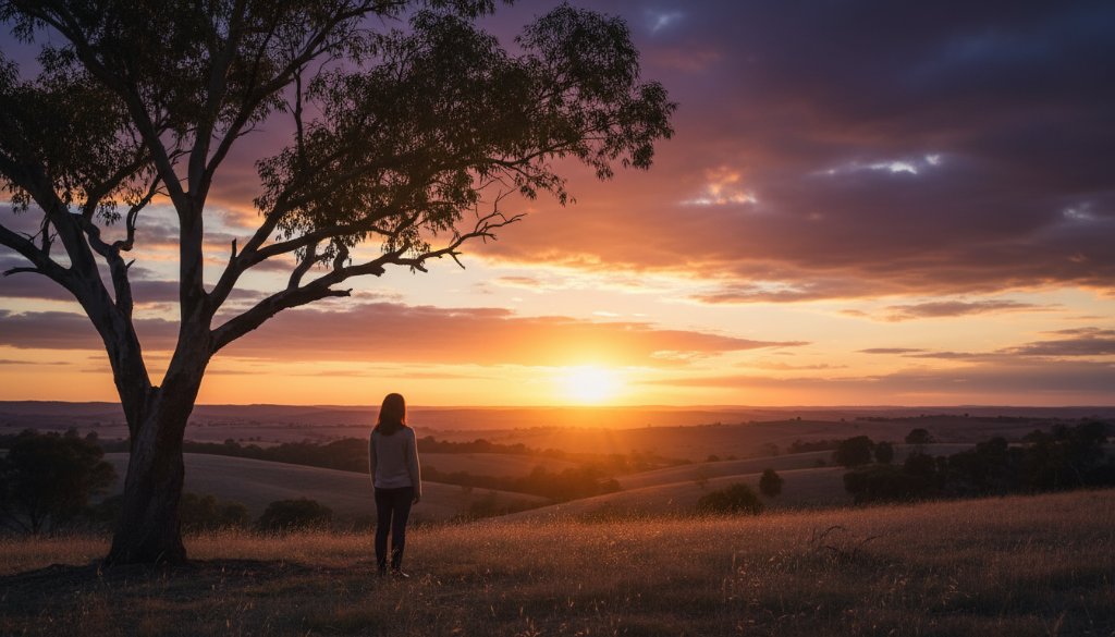 An epic moment captured in a dramatic fine art photograph showcasing a couple embracing amidst the historic bluestone architecture of Kilmore, Victoria, bathed in golden hour light, with rich, cinematic colour grading.
