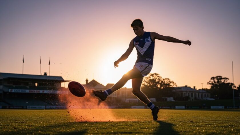 Dynamic action shot of a junior Australian Rules Football player kicking for goal during a sunset match in South Geelong, perfectly illustrating Capturing South Geelong sporting event photography, with dramatic lighting and blurred background.