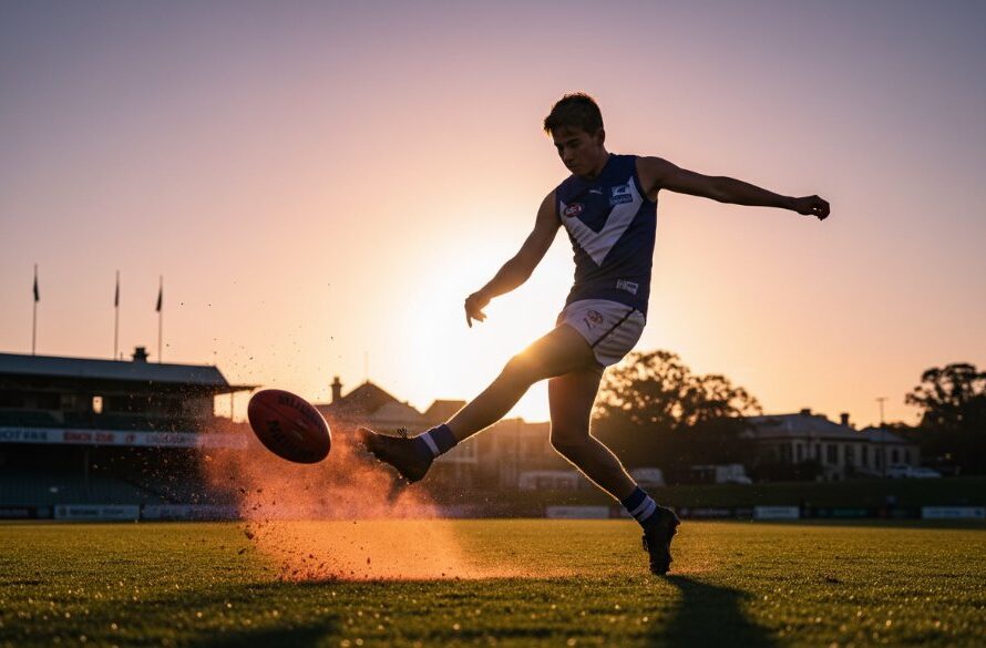 Dynamic action shot of a junior Australian Rules Football player kicking for goal during a sunset match in South Geelong, perfectly illustrating Capturing South Geelong sporting event photography, with dramatic lighting and blurred background.
