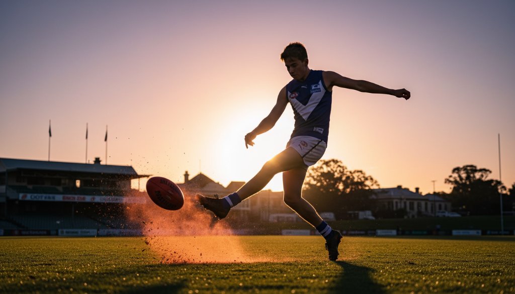 Dynamic action shot of a junior Australian Rules Football player kicking for goal during a sunset match in South Geelong, perfectly illustrating Capturing South Geelong sporting event photography, with dramatic lighting and blurred background.