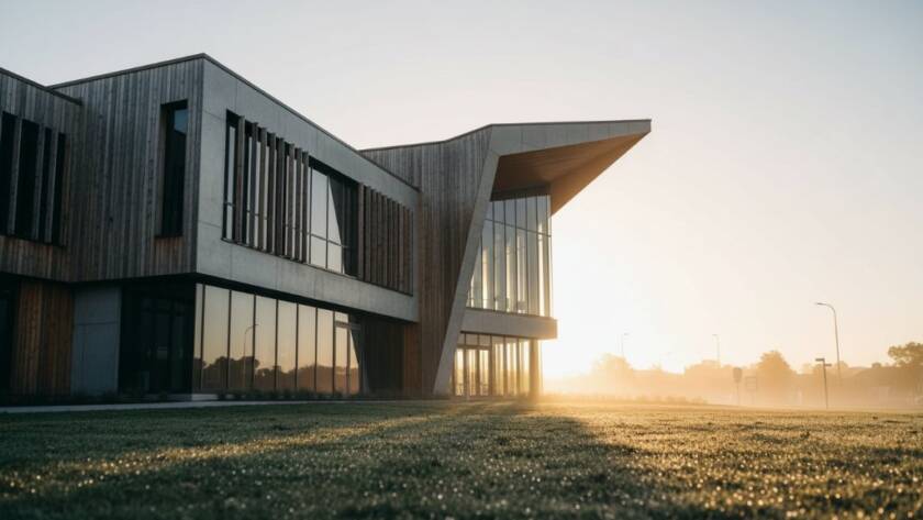 Dramatic golden hour shot showcasing the unique façade of a modern building in Springvale, Victoria, bathed in warm light, perfectly capturing Springvale's architectural character with professional colour grading.