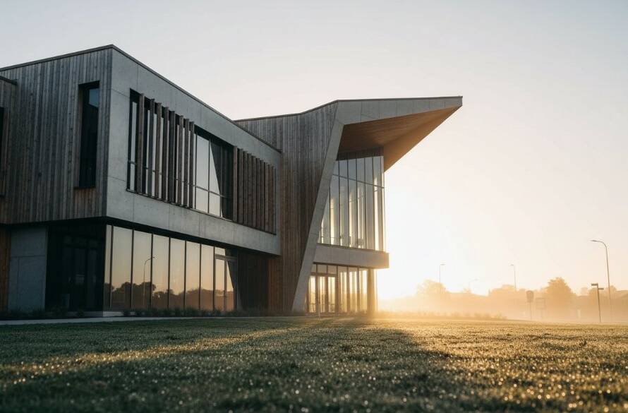 Dramatic golden hour shot showcasing the unique façade of a modern building in Springvale, Victoria, bathed in warm light, perfectly capturing Springvale's architectural character with professional colour grading.