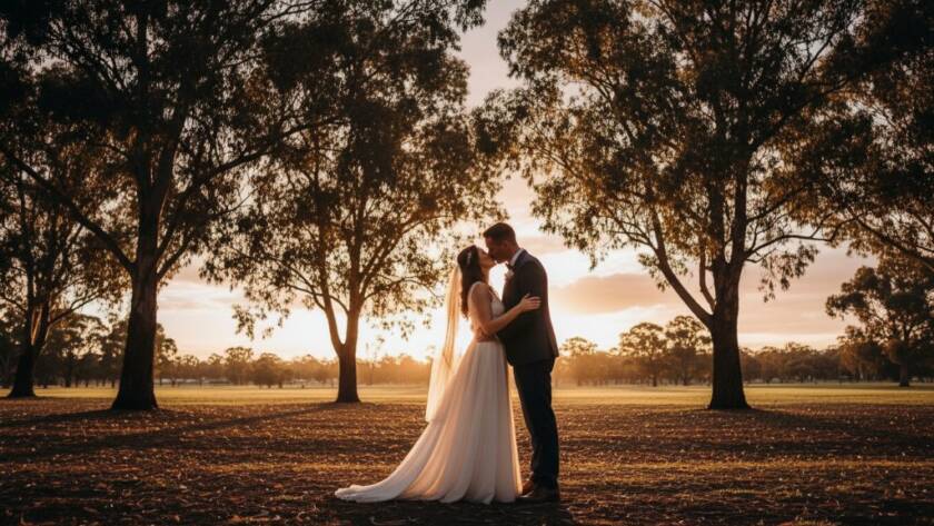 An epic moment of a newlywed couple sharing a joyful embrace in a beautifully lit St Albans park, with sunlight streaming through trees, perfectly illustrating 'Capturing St Albans Wedding Joy'.
