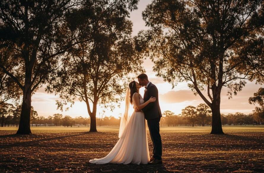 An epic moment of a newlywed couple sharing a joyful embrace in a beautifully lit St Albans park, with sunlight streaming through trees, perfectly illustrating 'Capturing St Albans Wedding Joy'.