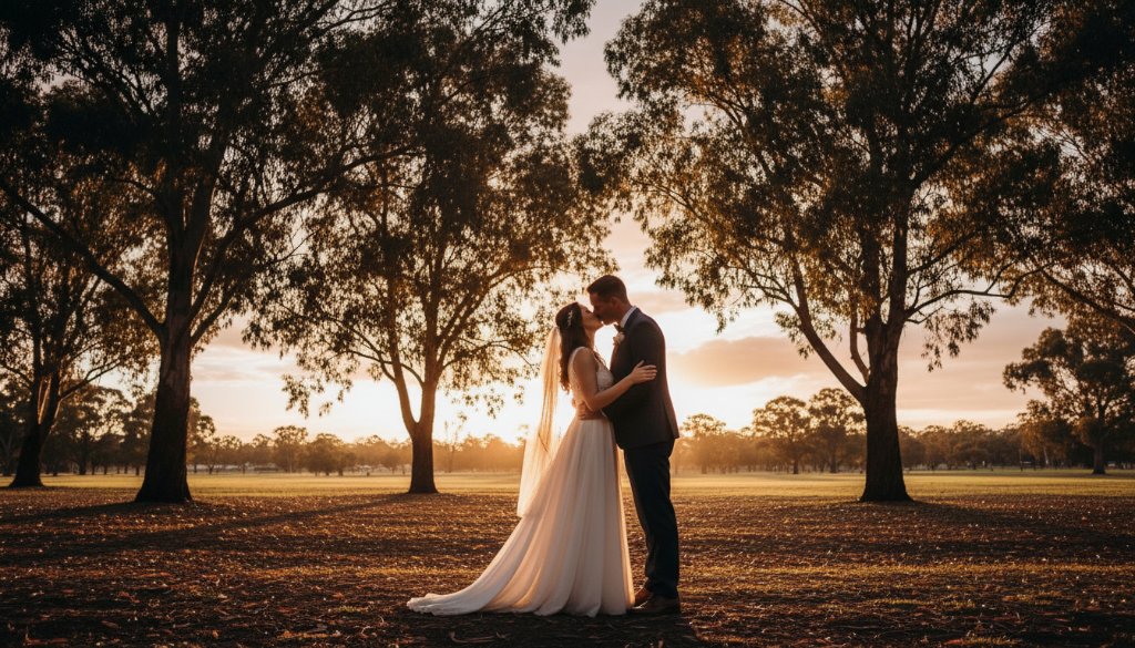 An epic moment of a newlywed couple sharing a joyful embrace in a beautifully lit St Albans park, with sunlight streaming through trees, perfectly illustrating 'Capturing St Albans Wedding Joy'.