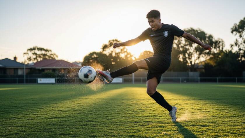 An epic moment of a young athlete mid-action, triumphantly scoring a goal during a junior soccer match in St Albans, capturing St Albans youth sports action with dramatic lighting and dynamic composition.