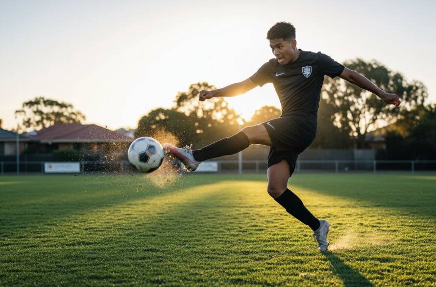 An epic moment of a young athlete mid-action, triumphantly scoring a goal during a junior soccer match in St Albans, capturing St Albans youth sports action with dramatic lighting and dynamic composition.