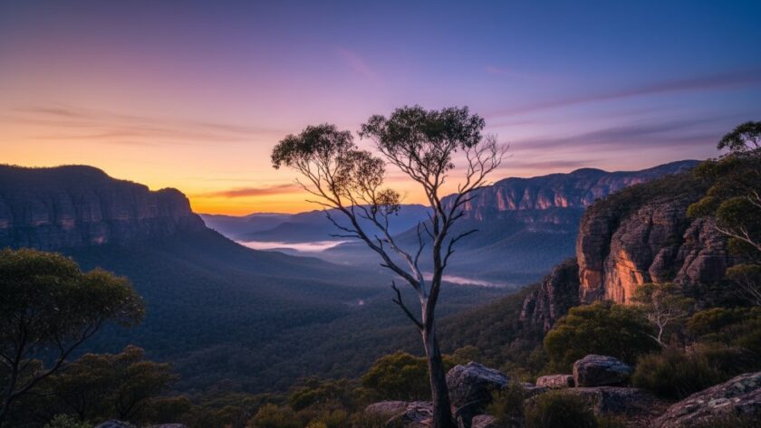 An awe-inspiring wide shot capturing Stawell's majestic Grampians fine art photography, featuring dramatic sunrise light painting iconic sandstone cliffs and an ancient gum tree silhouetted against a vibrant sky, evoking timeless beauty.