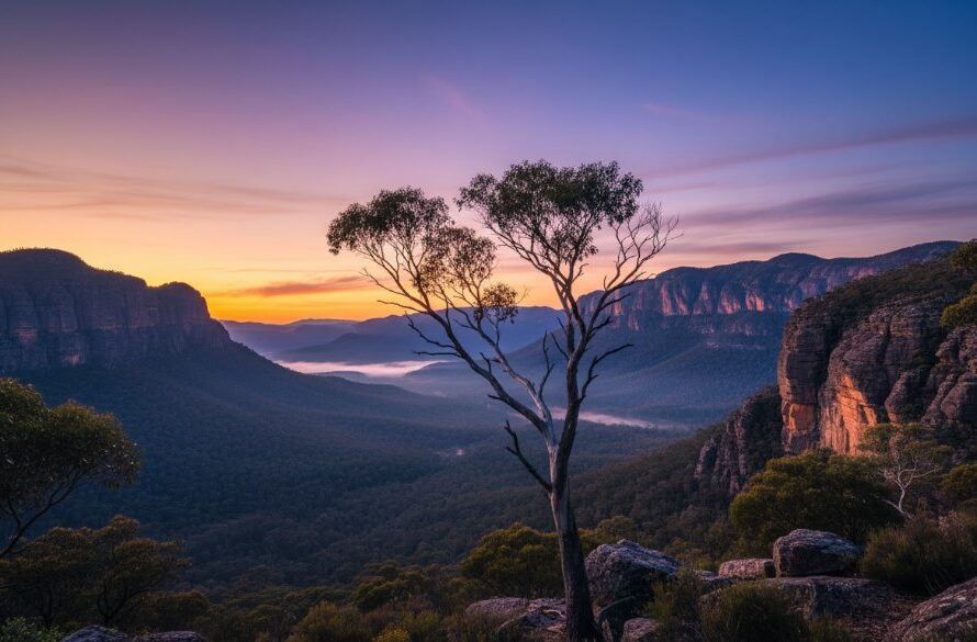An awe-inspiring wide shot capturing Stawell's majestic Grampians fine art photography, featuring dramatic sunrise light painting iconic sandstone cliffs and an ancient gum tree silhouetted against a vibrant sky, evoking timeless beauty.