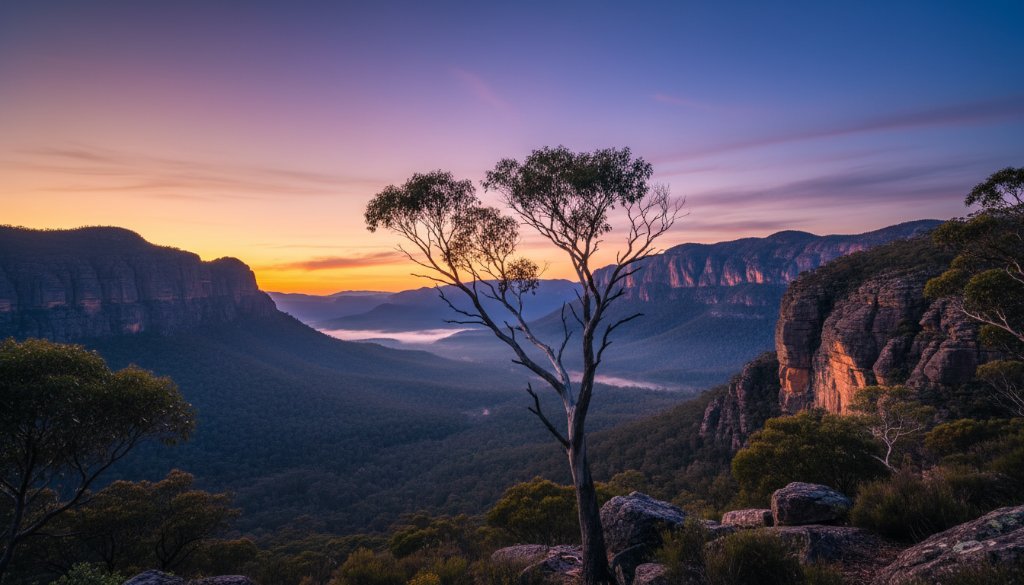 An awe-inspiring wide shot capturing Stawell's majestic Grampians fine art photography, featuring dramatic sunrise light painting iconic sandstone cliffs and an ancient gum tree silhouetted against a vibrant sky, evoking timeless beauty.