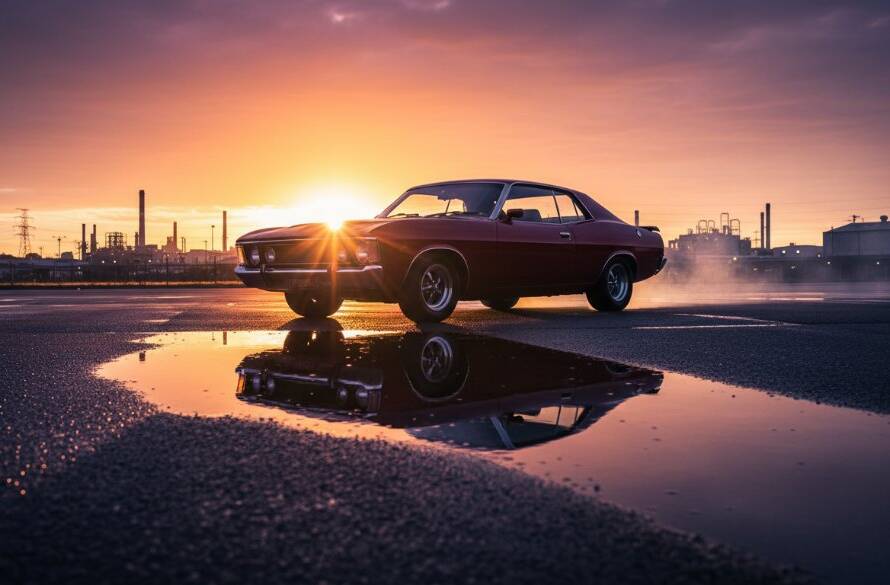 An epic, low-angle shot capturing stunning automotive photography Scoresby: a pristine vintage muscle car, highly polished chrome reflecting a dramatic sunset over a Scoresby industrial park, tire smoke subtly rising, dynamic lighting creating a cinematic mood.