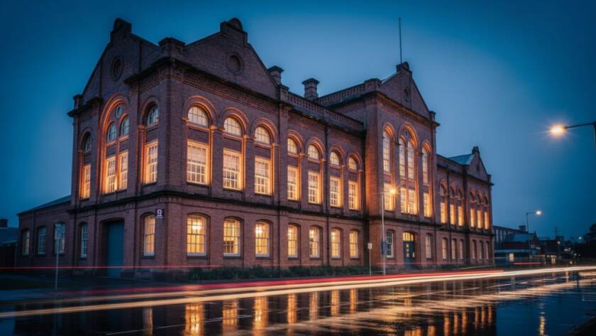 Dramatic long exposure photograph showcasing the intricate details of a historic industrial building in Sunshine North, bathed in the soft, golden light of dawn, perfectly illustrating capturing Sunshine North heritage architecture photography with an epic, cinematic feel.