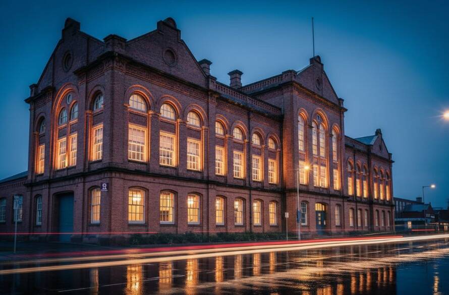 Dramatic long exposure photograph showcasing the intricate details of a historic industrial building in Sunshine North, bathed in the soft, golden light of dawn, perfectly illustrating capturing Sunshine North heritage architecture photography with an epic, cinematic feel.