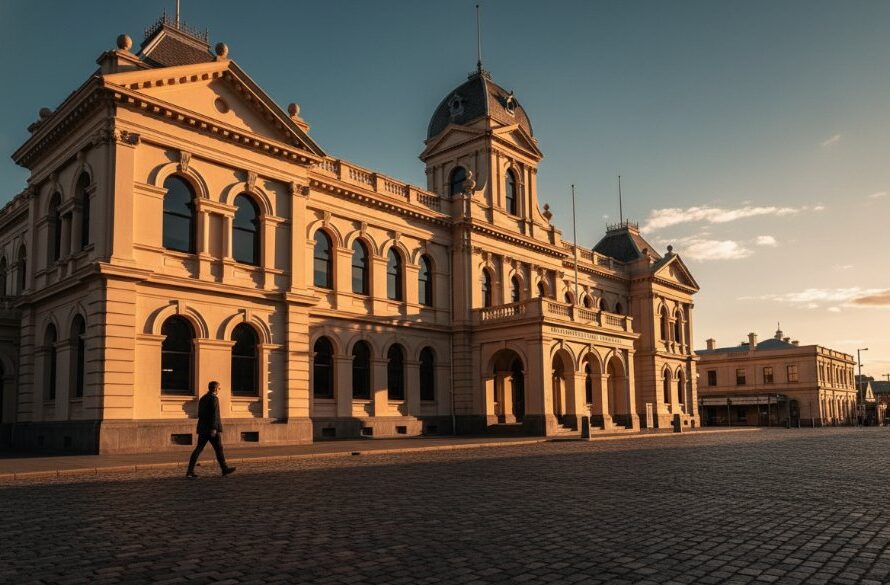 Dramatic wide-angle shot Capturing Swan Hill's Historic Architecture Photography, showcasing the grand Victorian-era façade of the Swan Hill Town Hall under a vibrant sunset with golden light, highlighting intricate details and strong shadows, conveying timeless grandeur.