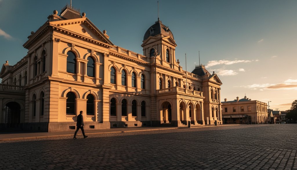 Dramatic wide-angle shot Capturing Swan Hill's Historic Architecture Photography, showcasing the grand Victorian-era façade of the Swan Hill Town Hall under a vibrant sunset with golden light, highlighting intricate details and strong shadows, conveying timeless grandeur.