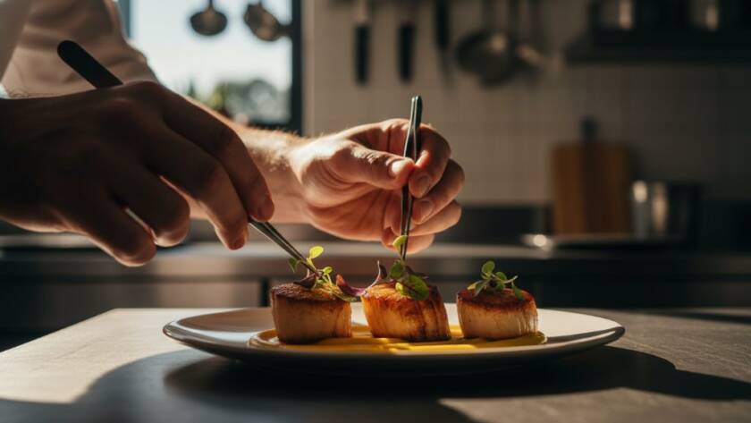 A vibrant close-up shot of a perfectly plated gourmet dish, possibly a modern Australian fusion, under dramatic, golden hour lighting, with a chef's hand delicately placing a garnish in the background. This image showcases **capturing Tarneit's culinary delights photography** with a professional, artistic flair.