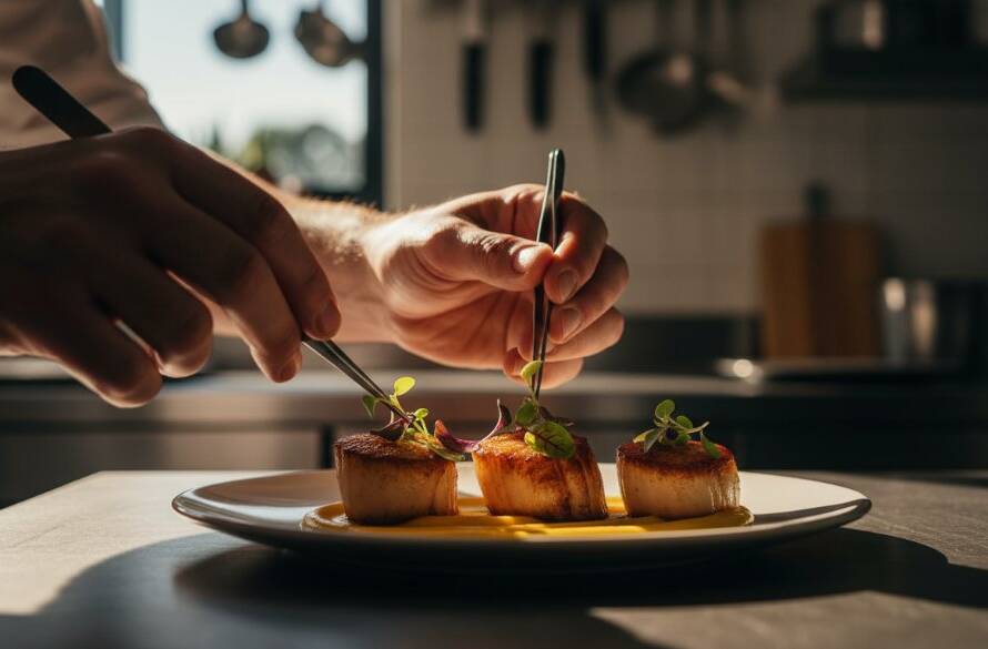 A vibrant close-up shot of a perfectly plated gourmet dish, possibly a modern Australian fusion, under dramatic, golden hour lighting, with a chef's hand delicately placing a garnish in the background. This image showcases **capturing Tarneit's culinary delights photography** with a professional, artistic flair.