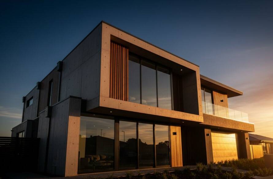 An epic moment of a modern, sleek residential building in Taylors Hill at sunset, with dramatic light and shadow playing on its facade, perfectly capturing Taylors Hill architectural beauty.