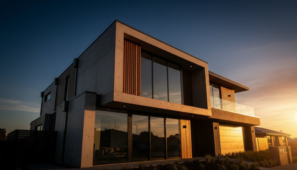 An epic moment of a modern, sleek residential building in Taylors Hill at sunset, with dramatic light and shadow playing on its facade, perfectly capturing Taylors Hill architectural beauty.