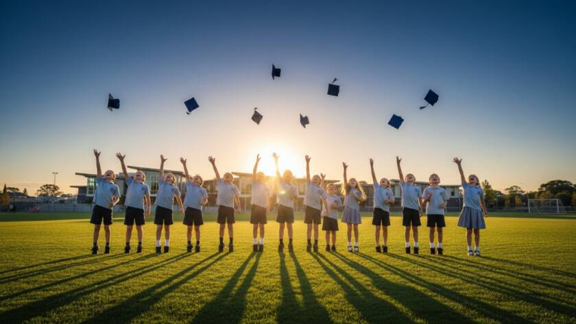 Capturing Templestowe school memories beautifully: A dramatic, sun-kissed photograph of primary school children laughing joyfully on a sports oval in Templestowe, during golden hour, with an expansive, vibrant green field and classic Templestowe architecture in the soft-focus background, showcasing a genuine, candid moment of childhood happiness with professional lighting and colour grading.