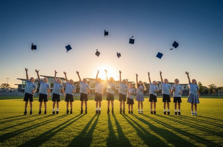 Capturing Templestowe school memories beautifully: A dramatic, sun-kissed photograph of primary school children laughing joyfully on a sports oval in Templestowe, during golden hour, with an expansive, vibrant green field and classic Templestowe architecture in the soft-focus background, showcasing a genuine, candid moment of childhood happiness with professional lighting and colour grading.